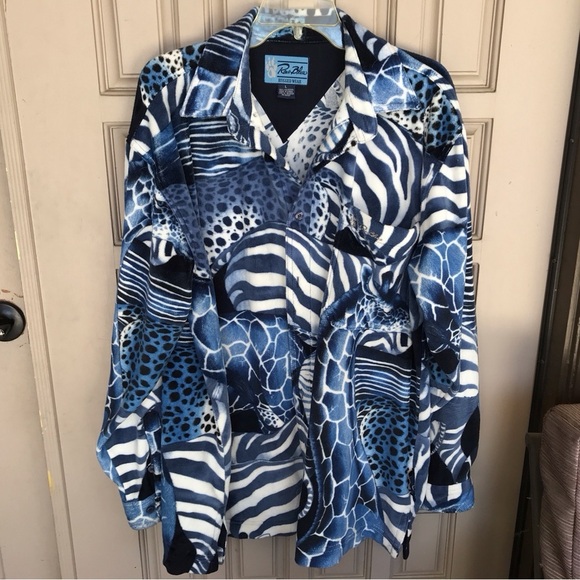 Raw Blue Rugged Wear Fleecey Shirt SzL Collar/Cuffs Animal Print Blue - Picture 1 of 10
